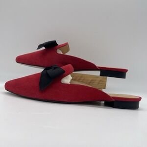 Talbots Womens 6 Shoes Red Suede Mules Black Ribbon Bow‎ Slide On Flats